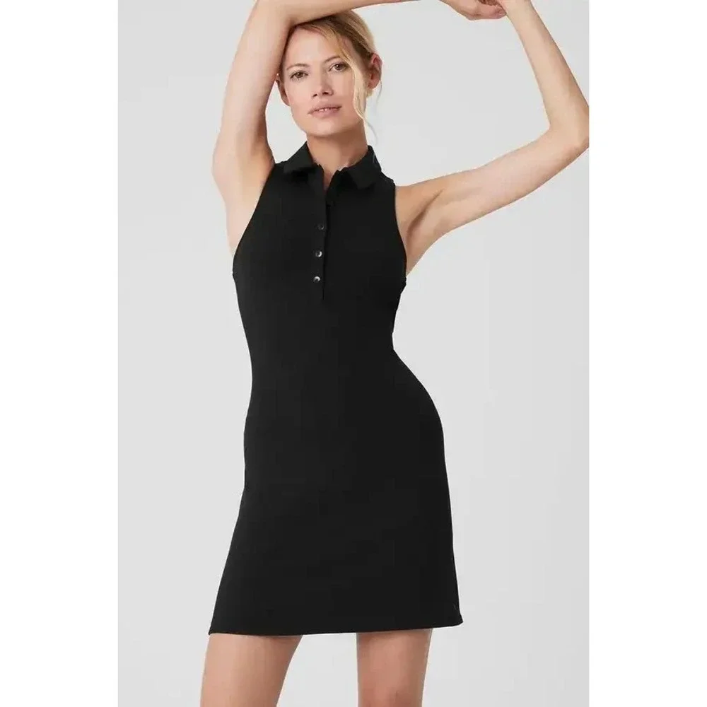 Alo Yoga Charmed Tennis Dress Sleeveless Collared Size S Black Golf Pickleball